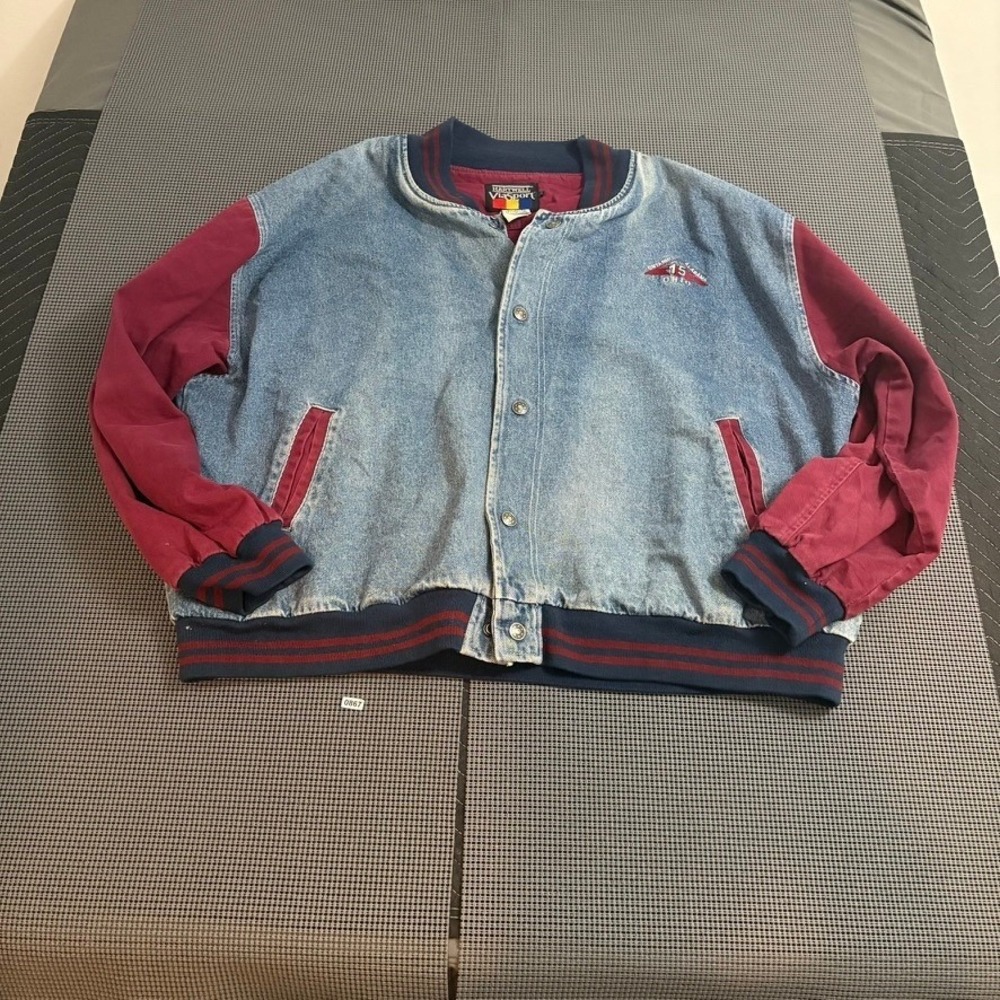 Hartwell ViaSport Men's 3XL Denim Varsity Bomber Jacket Blue Burgundy Colorblock